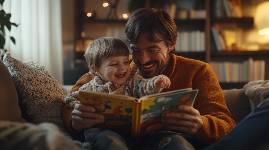 Parent and child reading a book together on a couch, pointing at illustrations.