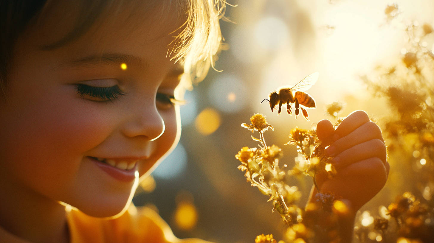 Child pointing at a bee on a flower during a backyard bug safari