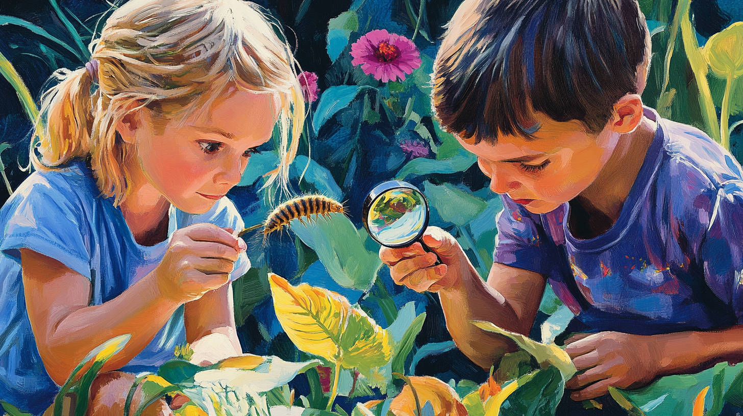 Two children using a magnifying glass to observe a caterpillar in a backyard setting
