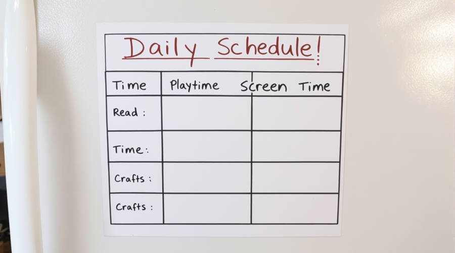 A child’s daily schedule posted on a refrigerator, outlining screen time, reading, and play breaks for school readiness.