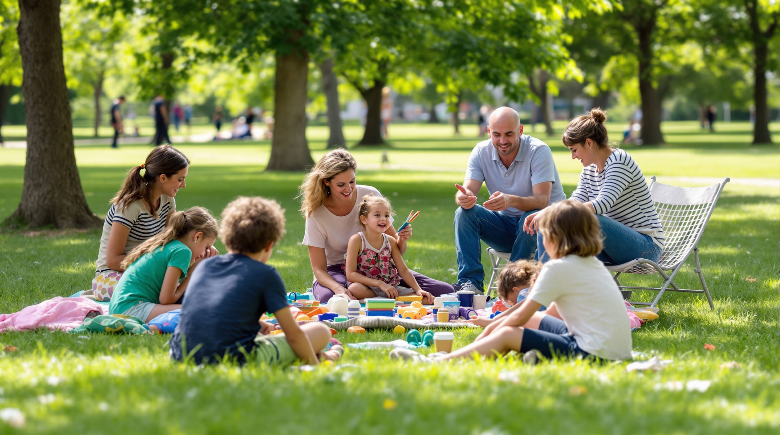 A group of homeschooling families gathered in a park, children playing while parents discuss homeschooling resources and curriculum ideas.