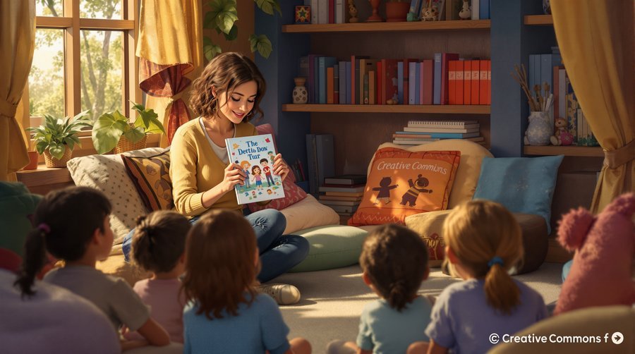 Teacher sharing a story with preschoolers, highlighting an Open Educational Resources (OER) license