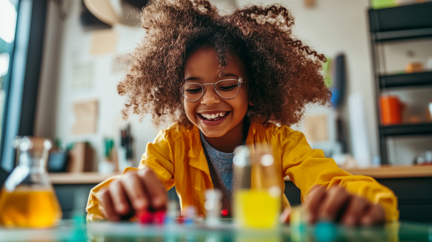 Child wearing safety goggles, building a small science project to promote preschool readiness.