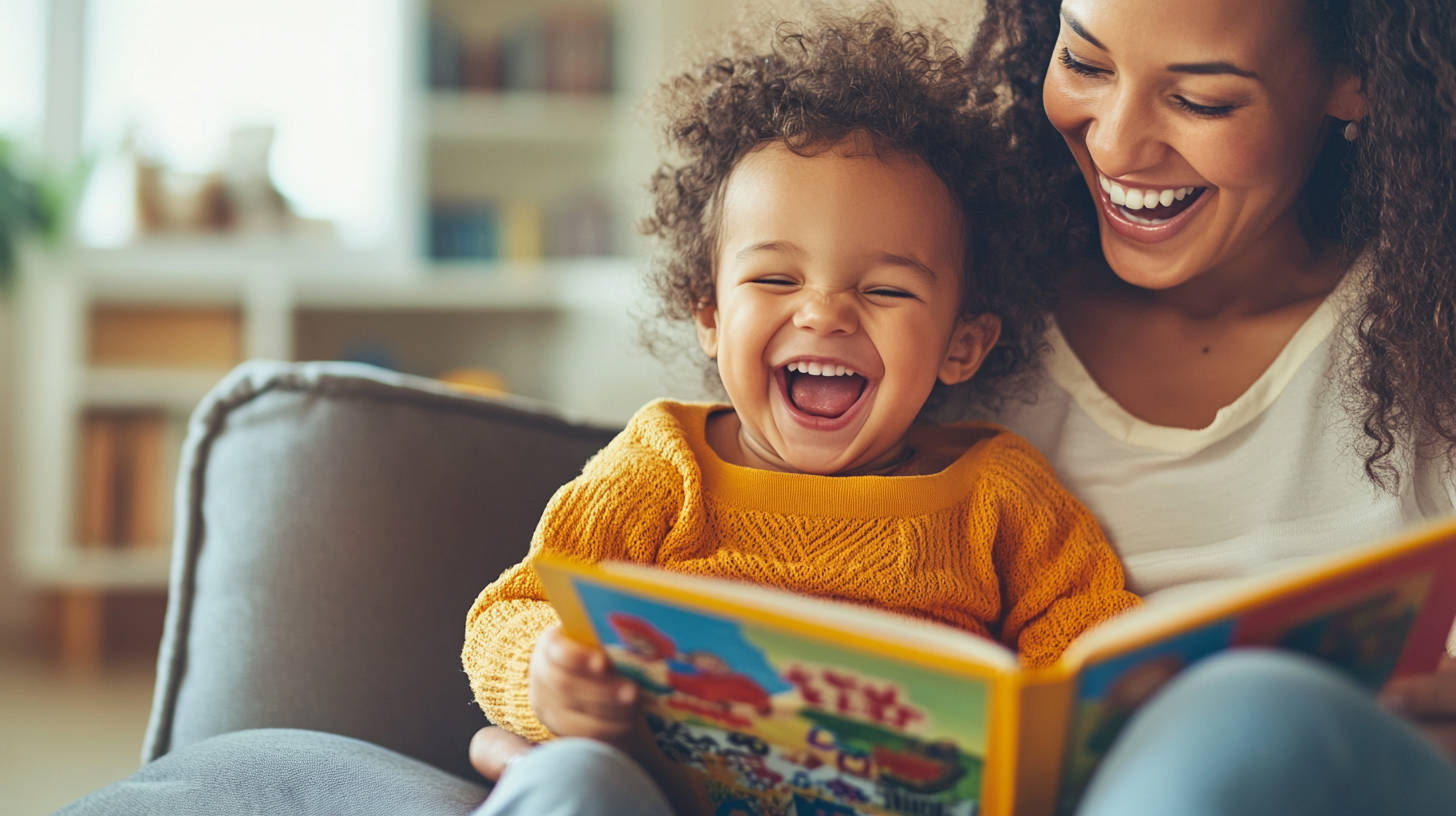 Parent and child sharing a moment while reading a picture book.