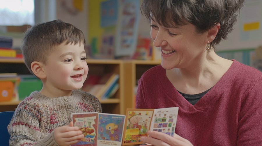 Teacher using picture cards with a child on the autism spectrum to support communication.