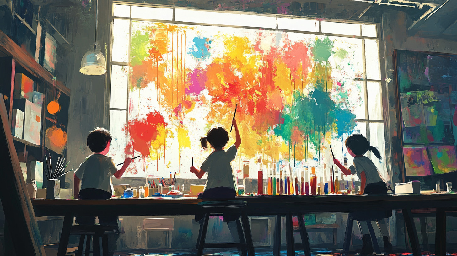 Kids experimenting with different paint colors at a table.