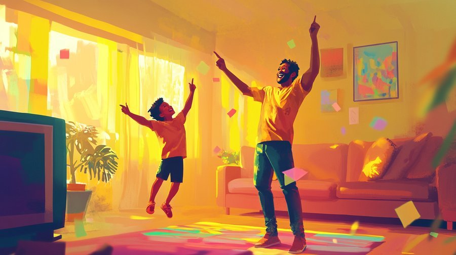 Parent and child happily playing Simon Says at home