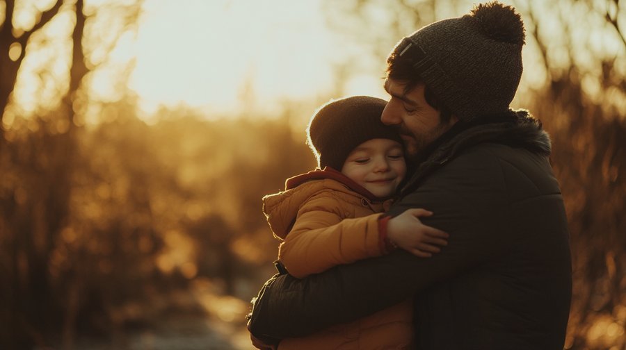 A warm photo of a parent hugging a child, conveying emotional support and understanding.