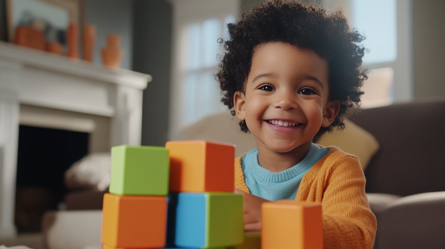 Three-year-old child practicing fine motor skills and early child development milestones by stacking colorful blocks