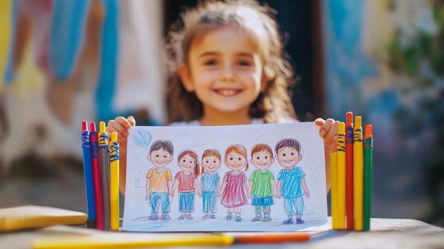 Four-year-old child refining fine motor coordination and creativity while drawing with crayons, a key developmental milestone.