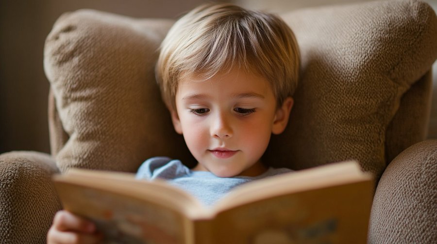 Six-year-old child building early literacy skills by reading a storybook, supporting cognitive and language development.