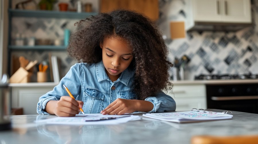 Seven-year-old child developing early numeracy and cognitive skills by working on basic math problems.