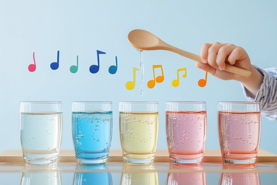 Musical water glasses tapped with a wooden spoon: a simple science experiment for preschoolers blending science and sound.