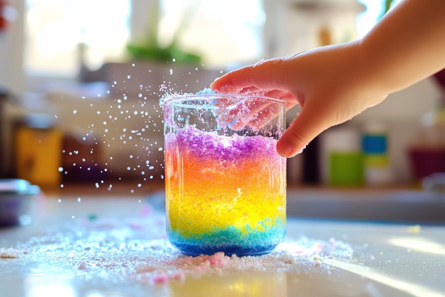 A colorful fizzy volcano overflowing: one of the easiest science experiments for kids and perfect for preschool science experiments