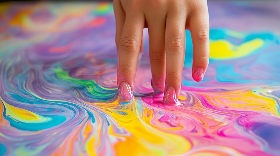 A hand going through multi colored Oobleck