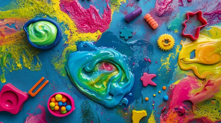 Oobleck with cookie cutters and tiny figurines used for sensory play.