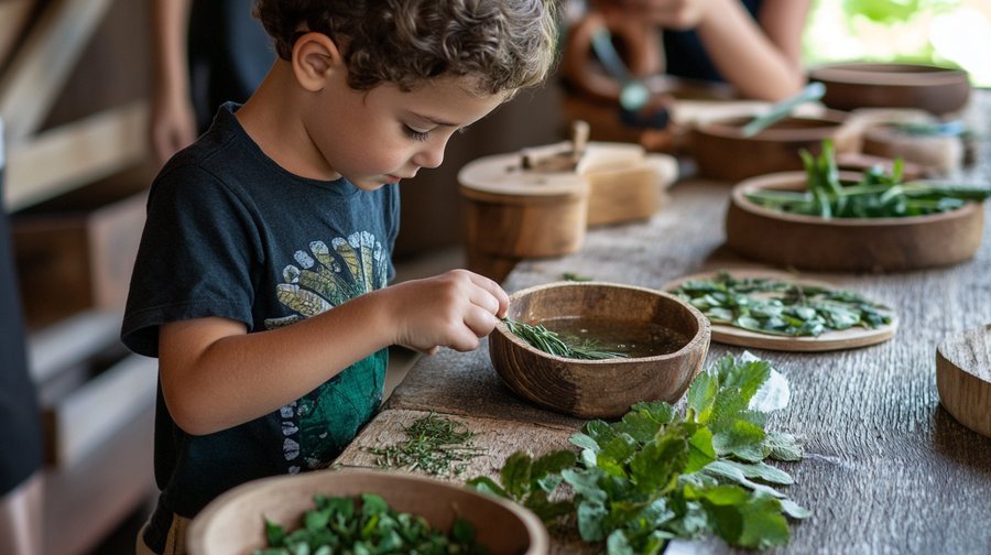 Images of a toddler exploring leaves, touching basil, pouring water, and shaking homemade instruments