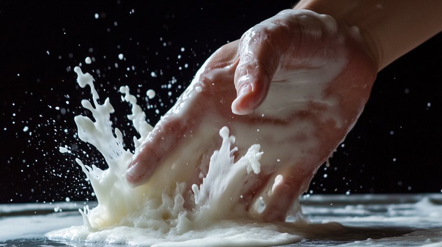 Oobleck science: Hand running through Oobleck, showing its solid-like reaction